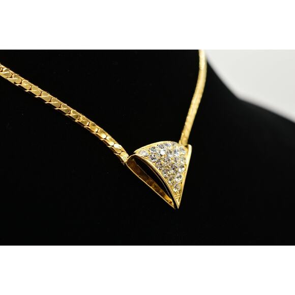 Vintage Crystal Collar Necklace Gold Herringbone Chain Rhinestone Shiny NOS 80s - Picture 10 of 12